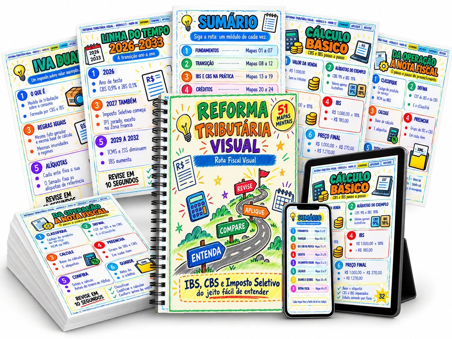 Reforma Tributária Visual: caderno, mapas impressos, tablet e celular com os mapas do material