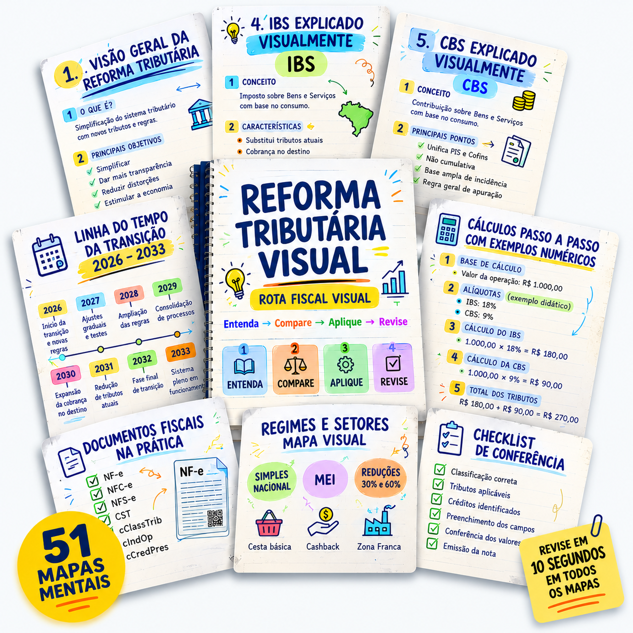 Reforma Tributária Visual: caderno da Rota Fiscal Visual cercado por mapas mentais sobre IBS, CBS, transição, cálculos, documentos fiscais e regimes